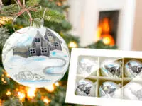 Set of - silver huts on white chalk -  100 mm glass christmas balls  6 pcs