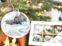 Set of - silver huts on white chalk -  100 mm glass christmas balls  6 pcs