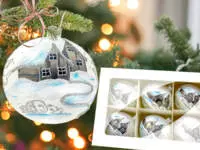 Set of - silver huts on white chalk -  100 mm glass christmas balls  6 pcs