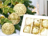 Set of golden leafs on creamy -  80 mm glass christmas balls  6 pcs