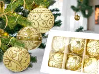 Set of golden leafs on creamy -  80 mm glass christmas balls  6 pcs