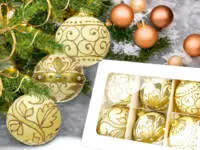 Set of golden leafs on creamy -  80 mm glass christmas balls  6 pcs