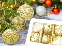 Set of golden leafs on creamy -  80 mm glass christmas balls  6 pcs