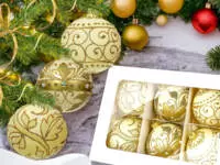 Set of golden leafs on creamy -  80 mm glass christmas balls  6 pcs