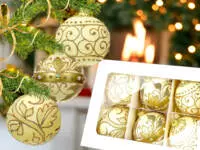 Set of golden leafs on creamy -  80 mm glass christmas balls  6 pcs