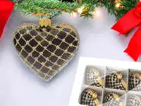 Set of hearts golden black -  8 x 7 cm glass christmas balls  6 pcs