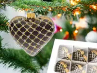 Set of hearts golden black -  8 x 7 cm glass christmas balls  6 pcs