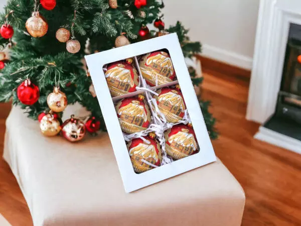 Set of - blue huts on - red -  100 mm glass christmas ball 6 pcs