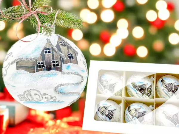 Set of - silver huts on white chalk -  100 mm glass christmas balls  6 pcs