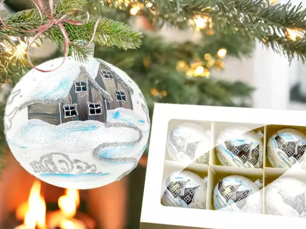 Set of - silver huts on white chalk -  100 mm glass christmas balls  6 pcs