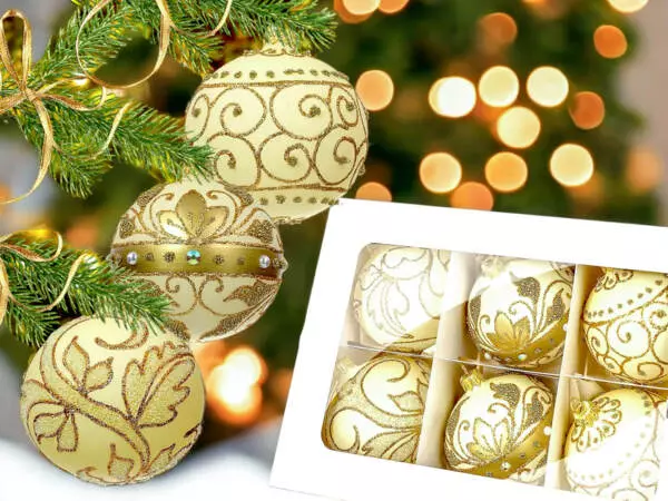 Set of golden leafs on creamy -  80 mm glass christmas balls  6 pcs