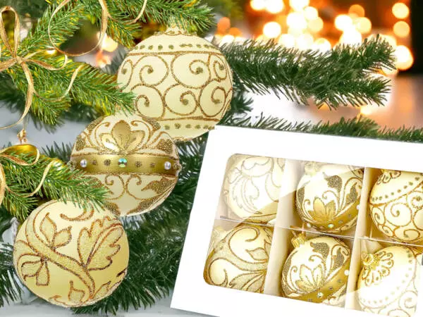 Set of golden leafs on creamy -  80 mm glass christmas balls  6 pcs