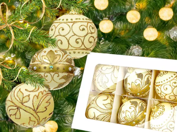 Set of golden leafs on creamy -  80 mm glass christmas balls  6 pcs