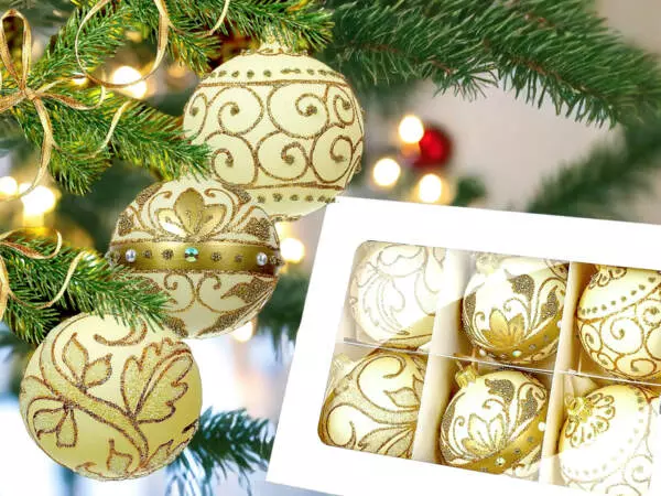 Set of golden leafs on creamy -  80 mm glass christmas balls  6 pcs