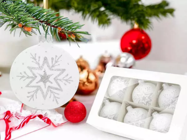 Set of - white chalk silver star -  80 mm glass christmas balls  6 pcs