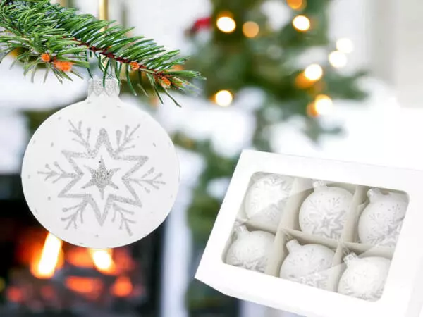 Set of - white chalk silver star -  80 mm glass christmas balls  6 pcs